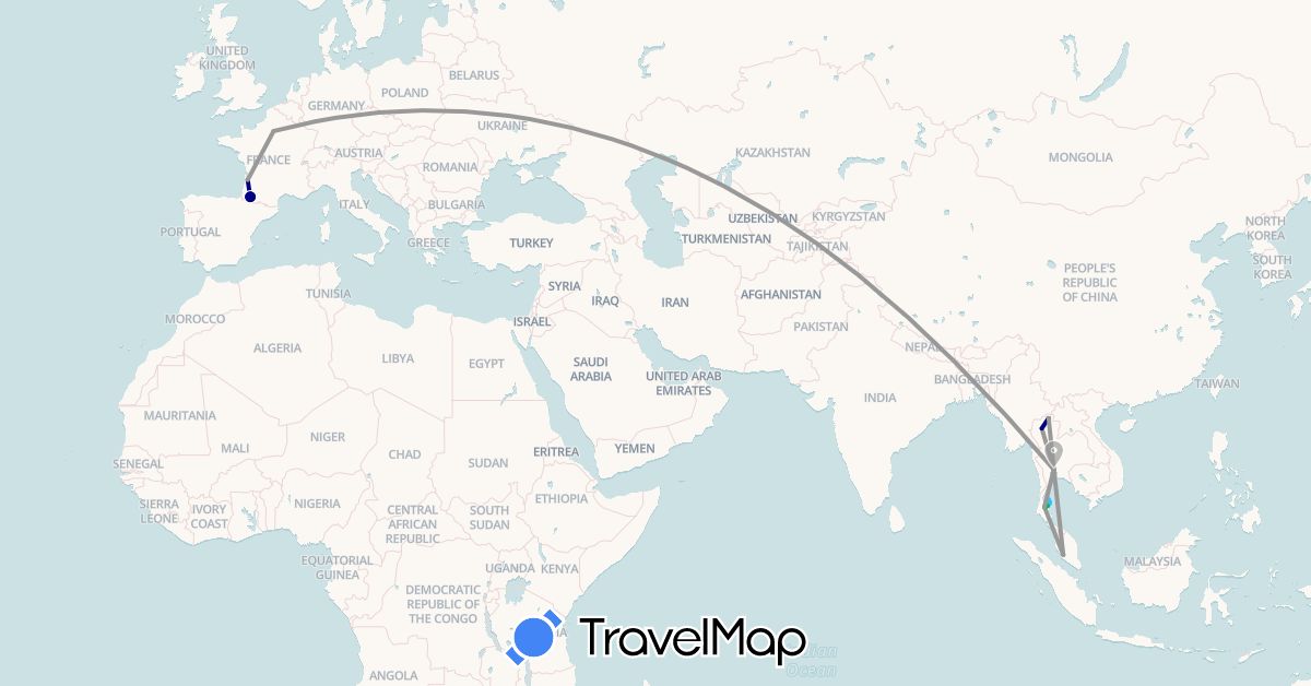 TravelMap itinerary: driving, bus, plane, boat in France, Malaysia, Thailand (Asia, Europe)